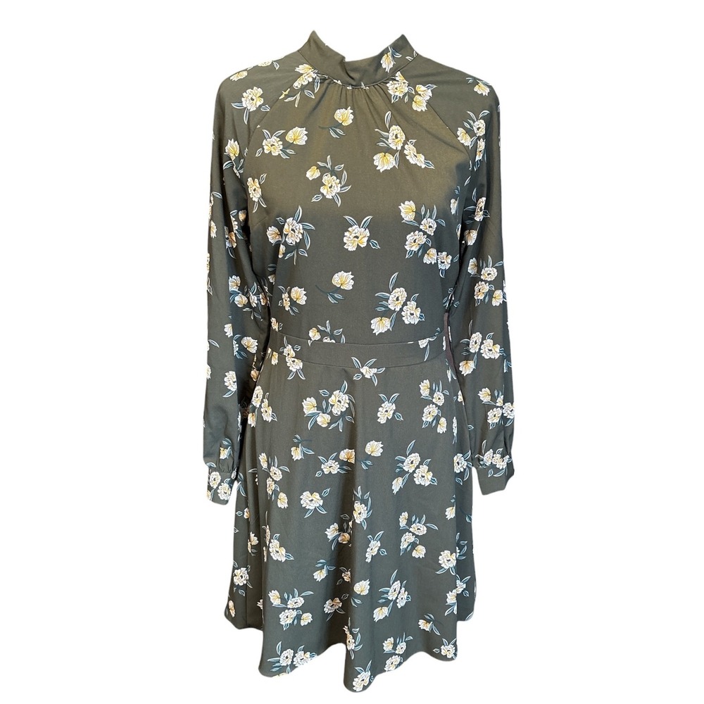 Banana Republic Olive Green Floral Mockneck Long Sleeve Dress, Sz 6, Cottagecore